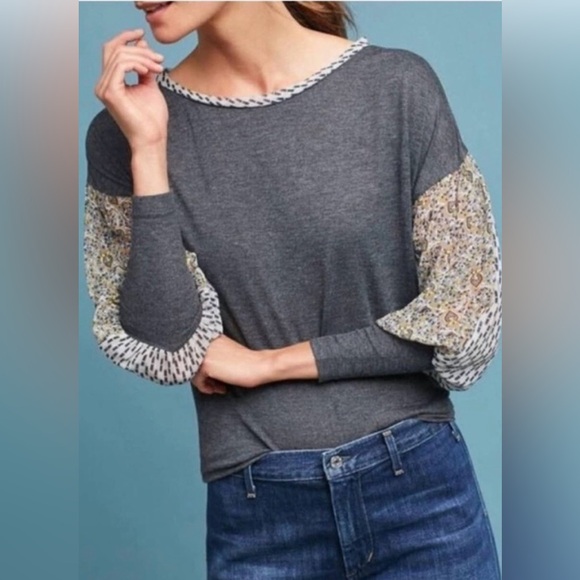 Anthropologie Tops - Anthropologie Timy Charcoal Top with Patterned Sleeves